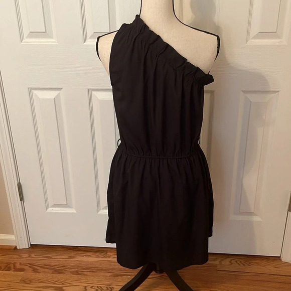 Lush Black One Shoulder Ruffled Edge Black Dress Lined Small Elastic Waist EUC - Picture 3 of 11